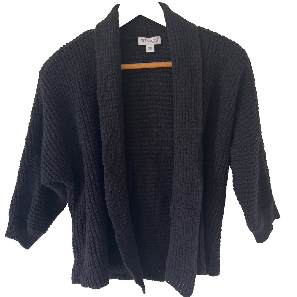 St Johns Bay Women's Black Crochet Cardigan Large Sheer Lightweight Loose Knit